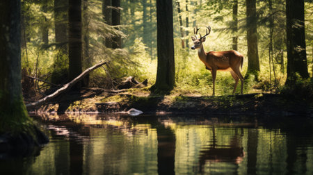 A grandiose deer in a peaceful forestの素材