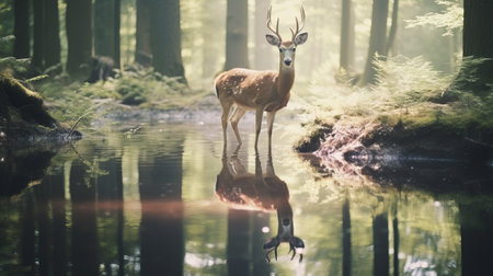 A grandiose deer in a peaceful forestの素材