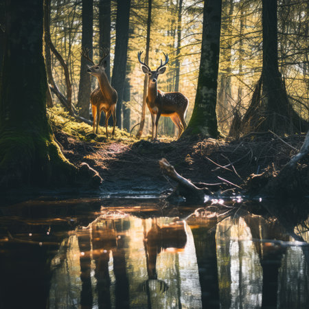 A grandiose deer in a peaceful forestの素材