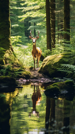 A grandiose deer in a peaceful forestの素材