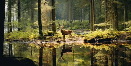 A grandiose deer in a peaceful forestの素材