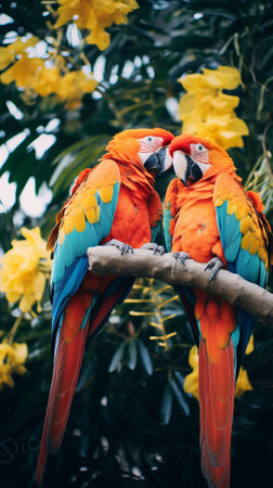 Beautiful multi colored parrots in natureの素材
