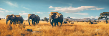 Herd of elephants graze in a grass shelterの素材