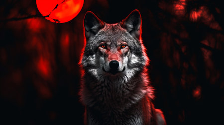 A wolf with red eyes during a full moonの素材