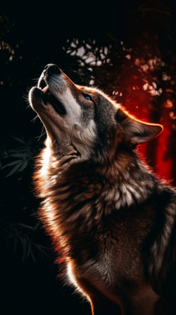 A wolf with red eyes during a full moonの素材
