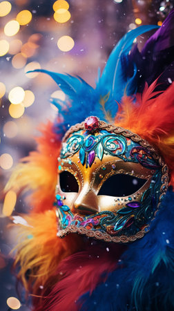 Colorful mask decorated with feathers and sparkles. Carnival mask banner with place for textの素材