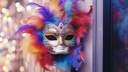 Colorful mask decorated with feathers and sparkles. Carnival mask banner with place for textの素材