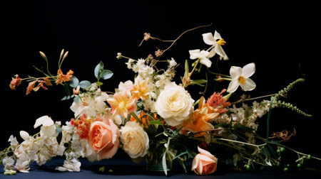 Multicolored flowers on a black background in the studioの素材