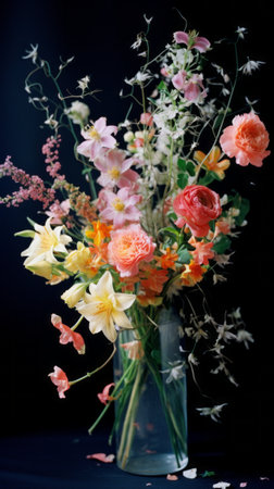 Multicolored flowers on a black background in the studioの素材