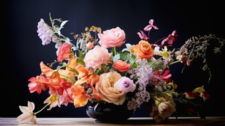 Multicolored flowers on a black background in the studioの素材