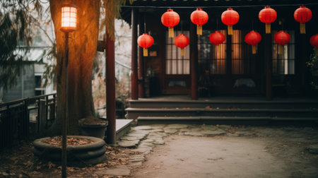 Entrance to the house with bright red lights. Chinese New Yearの素材