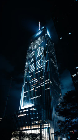 Majestic skyscraper lights up the night skyの素材