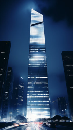Majestic skyscraper lights up the night skyの素材
