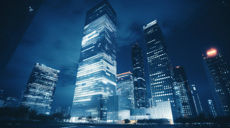 Majestic skyscraper lights up the night skyの素材