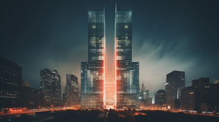 Majestic skyscraper lights up the night skyの素材