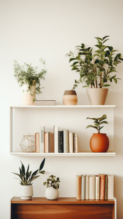 Background wall with shelves and plantsの素材