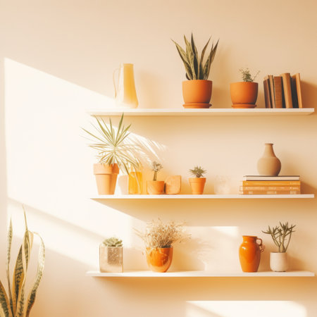 Background wall with shelves and plantsの素材
