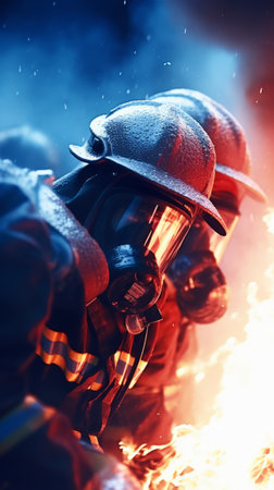 Firefighters bravely face the flames in protective gear with fire extinguishers in their hands. Courage conceptの素材