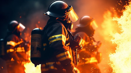 Firefighters bravely face the flames in protective gear with fire extinguishers in their hands. Courage conceptの素材