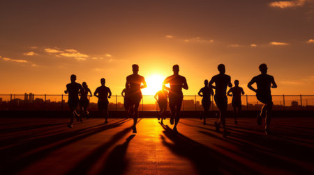Silhouettes of athletes against the background of the setting sunの素材