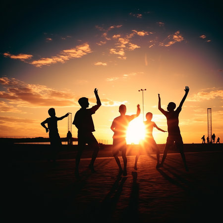 Silhouettes of athletes against the background of the setting sunの素材