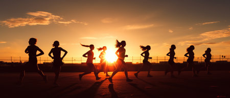 Silhouettes of athletes against the background of the setting sunの素材