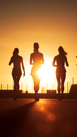 Silhouettes of athletes against the background of the setting sunの素材
