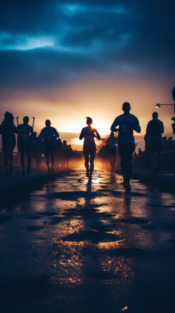 Marathon runners against the background of dusk. Concept of endurance in difficult conditionsの素材