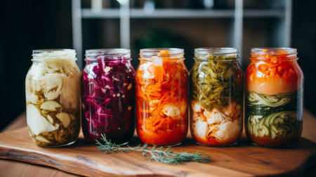 Bright fermented vegetables are stored in glass jarsの素材