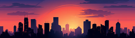 Silhouette of the city on the background of a colorful sunsetの素材