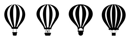 Set of Black Silhouette Hot Air Balloon Icons. Vector Illustrationのイラスト素材
