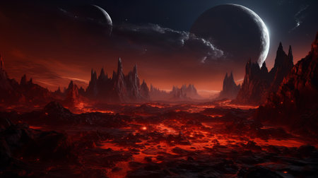 A mountain range of red mountains on a magical planetの素材