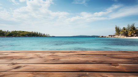 Empty wooden table with blurred sea