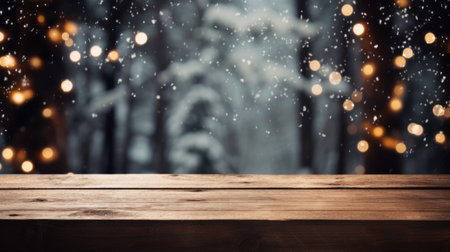 Snowy empty wooden table with blurred Christmas backgroundの素材