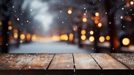 Snowy empty wooden table with blurred Christmas backgroundの素材
