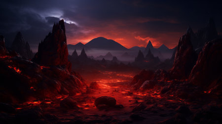 A mountain range of red mountains on a magical planetの素材