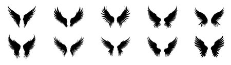 Bird wings flat black icons set. Isolated wings black icons. Vector illustrationのイラスト素材