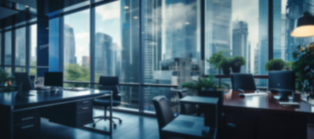 Modern blurred design of business workspace. Blurred office with copy spaceの素材