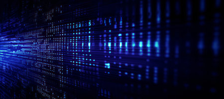 Close-up of a digital blue-purple holographic backgroundの素材