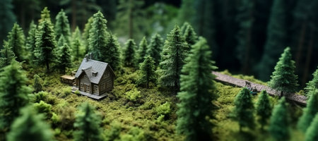 Miniature house in the middle of the forest with copy spaceの素材