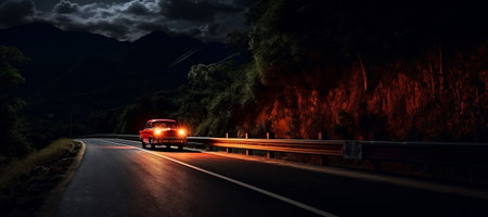 Night drive red car in motion with copy spaceの素材