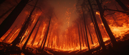Dramatic scene of forest fire engulfing treesの素材