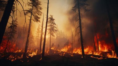 Dramatic scene of forest fire engulfing treesの素材
