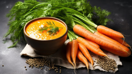 Fresh carrot juice and seeds on a stylish gray tableの素材