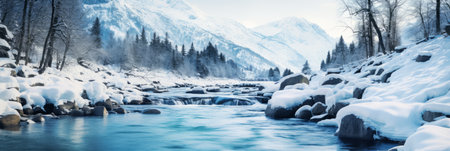 River on majestic mountains in winterの素材