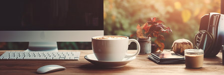 Coffee and workspace. Concept of an organized workspace with a cup of coffeeの素材