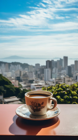 A cup of coffee with picturesque cityscapesの素材