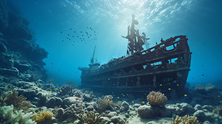 Sunken ship in the ocean. Wreckage of a sunken ship after a shipwreckの素材