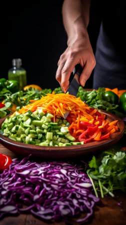 Colorful salad preparation. Bright colors of vegetables cut and prepared for saladの素材