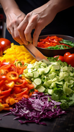 Colorful salad preparation. Bright colors of vegetables cut and prepared for saladの素材